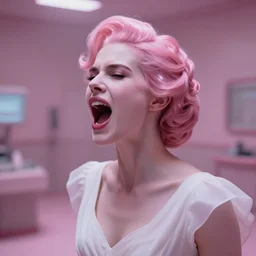 cinestill 5 0 d portrait of a beautiful dreamy woman by annie liebovitz, screaming in a dystopian mental hosptital room environment, pale pink tonal glossy, hair intricate style, wearing white dress, elegant, highly detailed, soft foggy blur, artstation, sharp focus, head in focus,