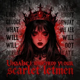 Wear the grudge like a crown of negativity. Calculate what we will or will not tolerate. Desperate to control all and everything. Unable to forgive your scarlet lettermen . dark gothic mood. black and red color scheme. graphic design. grunge.
