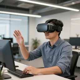 a man wearing in a vr glasses in a modern office co - working space