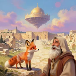 a adorable small fox in the huge ruins of the second temple in jerusalem at a distance, dreamy sky. the third temple hovers quietly hiding in the sky above, in the foreground we see a man in a hooded tunic and a long white beard laughing, colorful painting 8 k, art station, intricate superb details, digital art, cinematic, bokeh dof sky by afremov.