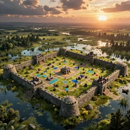 overhead RPG battlemap of a stone fort sitting above a swamp in the sunset, dramatic lighting by alan lee by peter mohrbacher, trending on artstation sharp focus vfx key shot