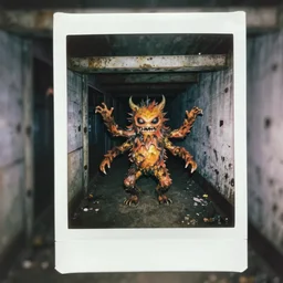 strange evil monster anamorphic with 4 arms in a abandoned subway, polaroid photography with flash
