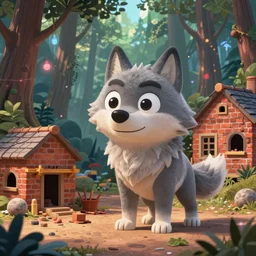 a big cartoonish cute anthropomorphic wolf is near a construction site of a brick house in a mystical forest full of wonders, pine trees, magical atmosphere, trending on artstation, 30mm, by Noah Bradley trending on ArtStation, deviantart, high detail, stylized portrait H 704