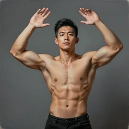 a painting of a muscular man posed for a photoshoot, hands up,