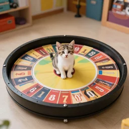 a kitten sitting in the middle of the wheel of wheel of fortune preventing the contestants from spinning it, set photo, wide angle