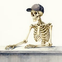 watercolor at an eye level view of skeleton, from left hand side, wearing a baseball cap backwards, sitting at the counter of a cafe, holding a sandwiched biting into a sandwiche. in the background is floral wallpaper with iridescent and floral theme.
