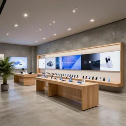 ( ( ( ( ( 2 0 3 0 s flagship retail interior. experience. telco digital screens phones. wood, polished concrete, neon, ceiling spots. plants. samsung microsoft apple nike adidas tesla muted colors. ) ) ) ) ) by studio ghibli!!!!!!!!!!!!!!