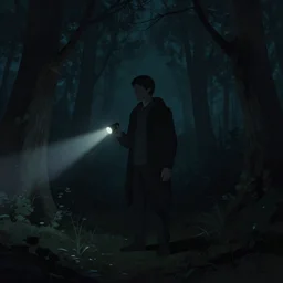ulgy man at night in the forest. obscurity. darkness!!!. flash light. ( ( ( digital art by daniel peacock ) ) ) ).