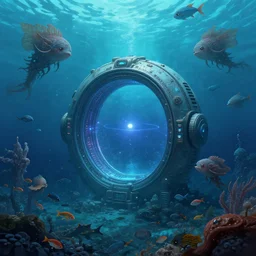 intergalactic stargate portal in the middle of a deep ocean, with strange sea creatures swimming around it and a school of fish in the foreground, style of fantasy art, trending on artstation