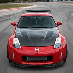 front shot of a red drifting nissan 3 5 0 z with a carbon fibre hood, car photography, motion blur
