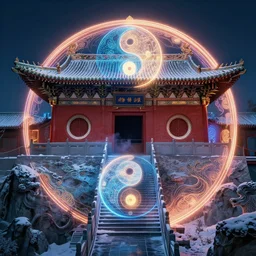 shaolin monastery on snowy mountain, concept art, digital art, neon, 8 k, sad, yin yang, incandescent, cinematic lighting, ray tracing ambient occlusion, in a symbolic and meaningful style, insanely detailed and intricate, hypermaximalist, elegant, ornate, hyper realistic, super detailed