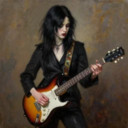 Goth girl playing electric guitar by Mario Testino, oil painting by Guillermo Lorca