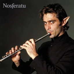 album cover of a 3 / 4 view of a nosferatu playing the flute, elf ears, looking at the camera, disco funk, vintage, soft grainy