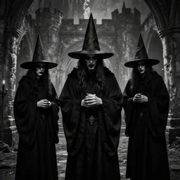 black and white photograph of robed figures with tall pointed hats inside a castle, creepy