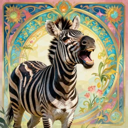 realistic laughing zebra art by gil elvgren on a colorful, bright, ornate background in art nouveau style