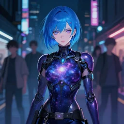 digital illustration portrait of cyberpunk pretty cosmic girl galaxy armor with blue hair, wearing dominatrix outfit, in city street at night, by makoto shinkai, ilya kuvshinov, lois van baarle, rossdraws, basquiat