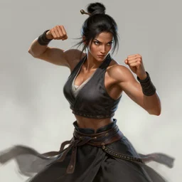 female drunken master monk by wlop, wuxia, xianxia, drunken boxing, drunken fist, tanned skin, athletic, detailed, realistic, anatomically accurate, fantasy illustration, artstation, wlop.