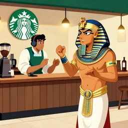 illustration of an angry egyptian god arguing with a barista at starbucks — s 1 0 0 0
