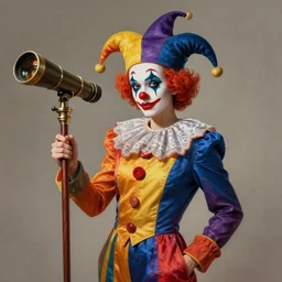 an anthropomorphic beautiful clown portrait holding a staff made of telescope wearing colouful jumpsuit, jester hat fine art, award winning, intricate, elegant, sharp focus, octane render, hyperrealistic, wizard hat cinematic lighting, highly detailed, digital painting, 8 k concept art, art by jamie hewlett and z. w. gu, masterpiece, trending on artstation, 8 k