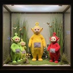 diorama windowstore vitrine simulating a habitat with grass and plants, at the american museum of natural history, new york, of very realistic dissected fat strange teletubbies as furry animals, photography portrait aesthetic by guy bourdin, museum artifact