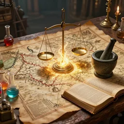 hyper real, table, ancient map, wizards laboratory, tony sart, mortar, pestle, scales, energy flowing, magic book, beakers of colored liquid