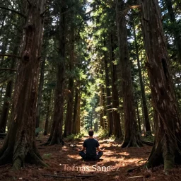 meditator in the woods with tall trees, in style of Tomas Sanchez