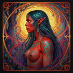 side profile centered painted portrait, female orc forest druid, red skin, teal tribal tattoos, d & d, gloomhaven, matte painting concept art, art nouveau, beautifully backlit, swirly vibrant color lines, fantastically gaudy, aesthetic octane render, 8 k hd resolution, by ilya kuvshinov and cushart krentz and gilleard james