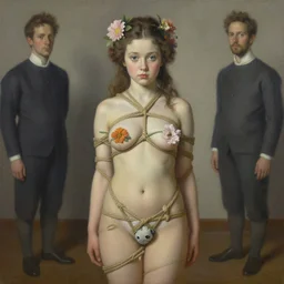 pop surrealism, lowbrow art, realistic cute girl painting, body harness, japanese shibari with flowers, hyper realism, muted colours, rococo, natalie shau, tom bagshaw, trevor brown style,
