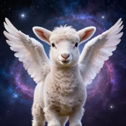 portrait from a lamb, feathers, bird, avian, wings, synthwave, universe background, nebula, galaxy, artstation