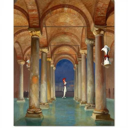 basilica cistern in the style of dr. seuss, starships, painting by albert bierstadt