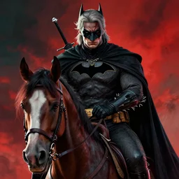 a witcher + batman riding horse together, batman at back, witcher riding, 4 k, highly detailed face, detailed eyes, depressed, vibrant, life changing, dramatic, cinematic lighting, digital art, ultra sharp, extreme details, sinful and petty by gerald brom and zadislaw beksinksi and giger