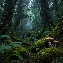 cinematic, atmospheric, wallpaper of a lush, deep, mysterious forest, trending on ArtStation, cgsociety, very detailed, mist, ominous, atmospheric, vibrant, deep green, musrooms, moss, 4k, 8k, hyperreal