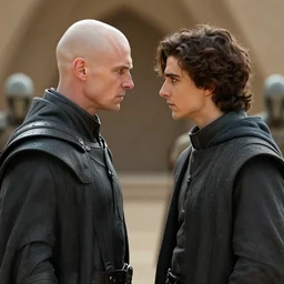 Action shot of a duel between bald_ominous_brooding_Austin_Butler_as_Feyd-Rautha_Harkonnen against Timothee_Chalamet_as_Paul_Atreides, in an arena in movie Dune-2021, clear gaze, detailed eyes