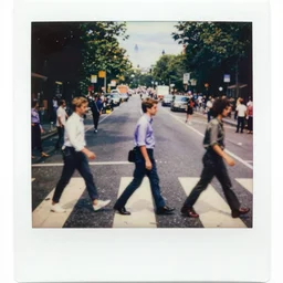 wide - shot very low - angle, messy photo of people in the busy street, crossing road, polaroid photo, by andy warhol