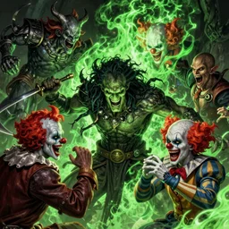 4k headshot of godlike Spawn from Macfarlane comics , killing demon clowns with green fire by Craig Mullins, ilya kuvshinov, krenz cushart, epic , artgerm trending on artstation by Edward Hopper and Dan Mumford and WLOP and Rutkovsky, beksinski carl spitzweg moebius and tuomas kocar, intricate artwork by caravaggio, Unreal Engine 5, Lumen, Nanite