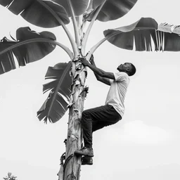 nigerian young man climbing a banana tree black and white photo shot taking from the ground looking up