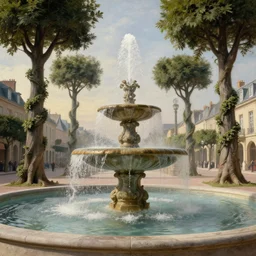 colonial fountains of water in a town square, stoic, spiral trees growing toward the sky, light dust, magnificent, hyperdetailed, theatrical, close up, masterpiece, painted by jean honore fragonard and greg rutkowski