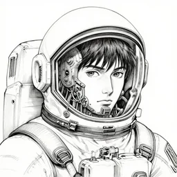 portrait of a future cosmonaut with helmet having cybernetics and wirings, pen and ink, intricate line drawings, by craig mullins, ruan jia, kentaro miura, greg rutkowski