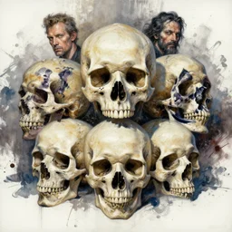 highly detailed oil painting of skulls, by greg tocchini, by riccardo federici, by greg rutkowski, by greg manchess, by simon stalenhag, by laurie greasley, splash, watercolor, brush strokes, cinematic light, sharp focus, illustration, harmony, dynamic composition, masterpiece, ink draw, pen,