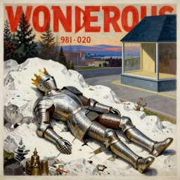 wonderous king armor broken laying on white rocks, monumental painting by gerrit van honthorst and hajime sorayama and edward hopper, illusion surreal art, highly conceptual figurative art, intricate detailed oil illustration, controversial poster art, polish poster art 1 9 8 0