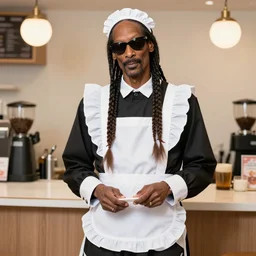 manly snoop dogg dressed in maid uniform working at a maid cafe, advertisement photo