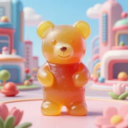 portrait of haribo bear in future city, color and shape focus, central composition, natural light, bloom, puff, by simon stalenhag and re