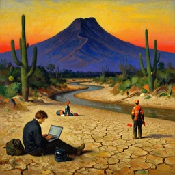 the 🛰💥 site at a 🏜 dry river bed by ivan shishkin and zacharias aagaard and simon stalenhag and escher, 🦿👨💻👩🚒🧑🔧🌵🌇, chiaroscuro, tonalism, sfumato, high saturation, high contrast, vibrant