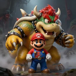 concept art of mario hiding from bowser with huge horns and scales and talons, resident evil, horror, occult, terror, mist, volumetric render, digital painting, detailed painting