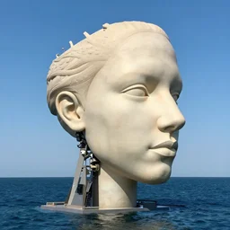 a long shot of a giant human head award winning sculpture on the surface of the ocean, in the style of chad knight, hyper detailed, hyper realistic, ray tracing, 8 k resolution, sharp focus