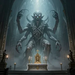 monstrous and twisted cathedral with an altar that has a statue to many eyed and four armed cthulhu. in the style of hr giger and zdzisław beksinski escher gloom misty glow