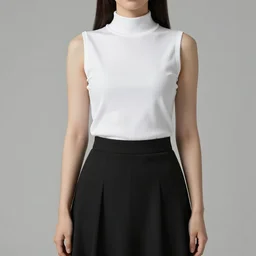 Woman in White Sleeveless turtleneck t-shirt and black pleated skirt. Highly detailed, 50mm, cinematic, hyperrealistic