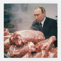 close up medium shot of vladimir putin and oversized pile full of raw meat on butchery floor, cinematic focus, polaroid photo, vintage, neutral dull colors, soft lights, foggy mist, by oleg oprisco, by thomas peschak, by discovery channel, by victor enrich, by gregory crewdson