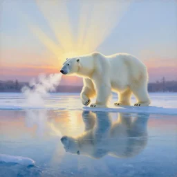 the most beautiful panoramic landscape, oil painting, where a giant dreamy lake is frozen, a giant polar bear is exhaling steam while walking over the frozen lake, the frozen lake is reflecting the giant polar bear and the ray lights of the sunrise are brightening him, by greg rutkowski