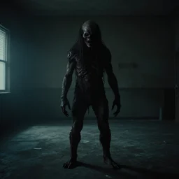 2 0 0 0 s footage of a hideous creature standing in a dimly lit empty room